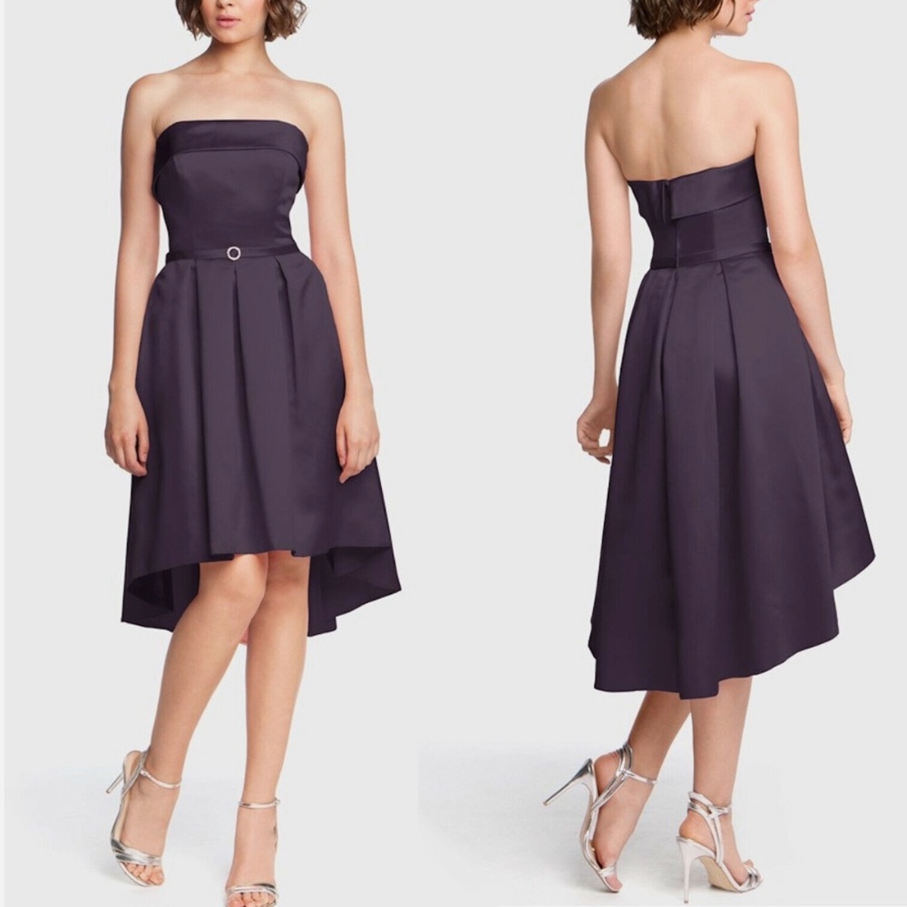 $160 Designer Strapless Satin High-Low Midi Bridesmaid Dress Aubergine 8 NWT